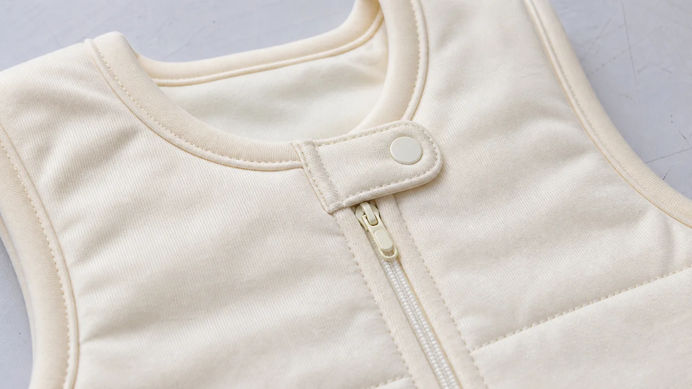 Baby sleeping bag zipper snap and stitching close-up for Bangladesh baby sleepwear manufacturing.