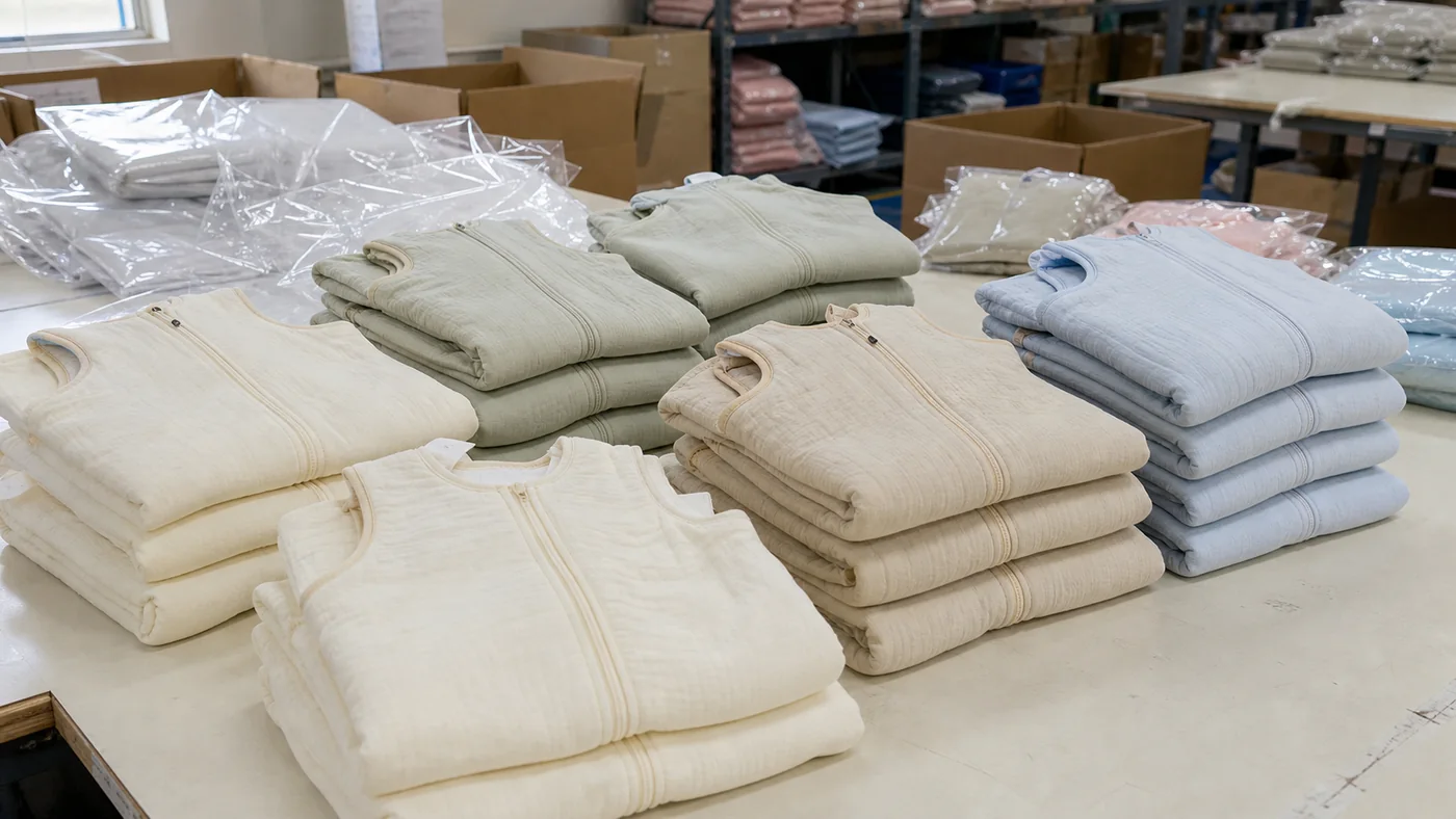 Bulk folded baby sleeping bags on packing table for Brandex Sourcing Bangladesh export production.