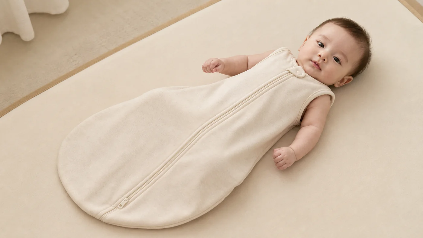 Cream baby sleeping bag style visualization for private label baby sleepwear buyers.