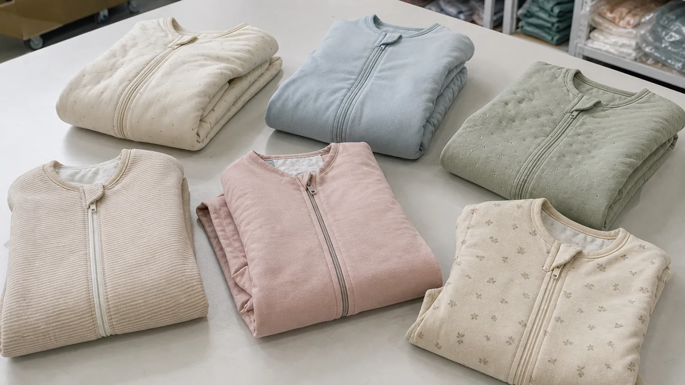 Folded baby sleepwear samples in soft colors for private label baby sleeping bag production in Bangladesh.
