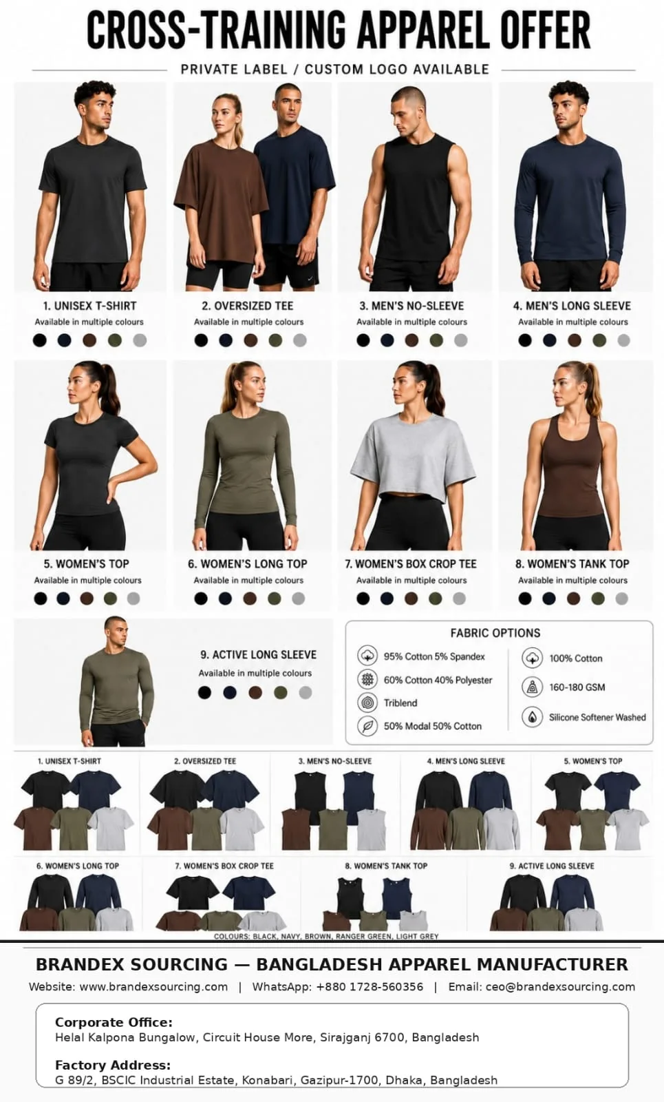 Brandex Sourcing cross-training private label activewear offer with apparel styles, fabrics, GSM options, and colors