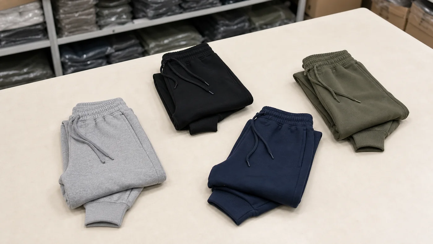 Folded fleece bottoms and packing proof for Brandex Sourcing Bangladesh private-label production.