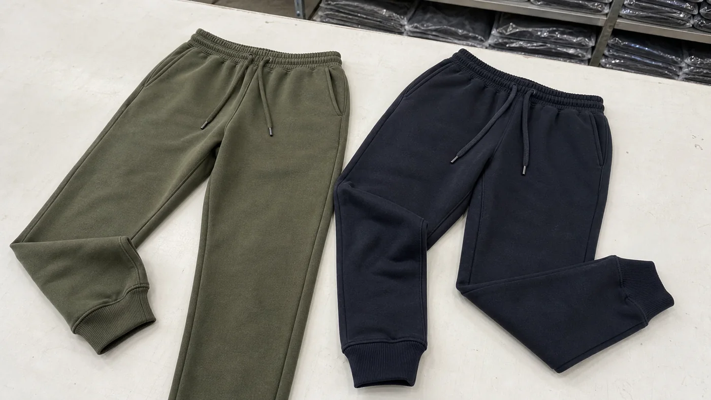 Olive and navy fleece bottom flat-lay color reference for custom walking and jogging shorts production in Bangladesh.