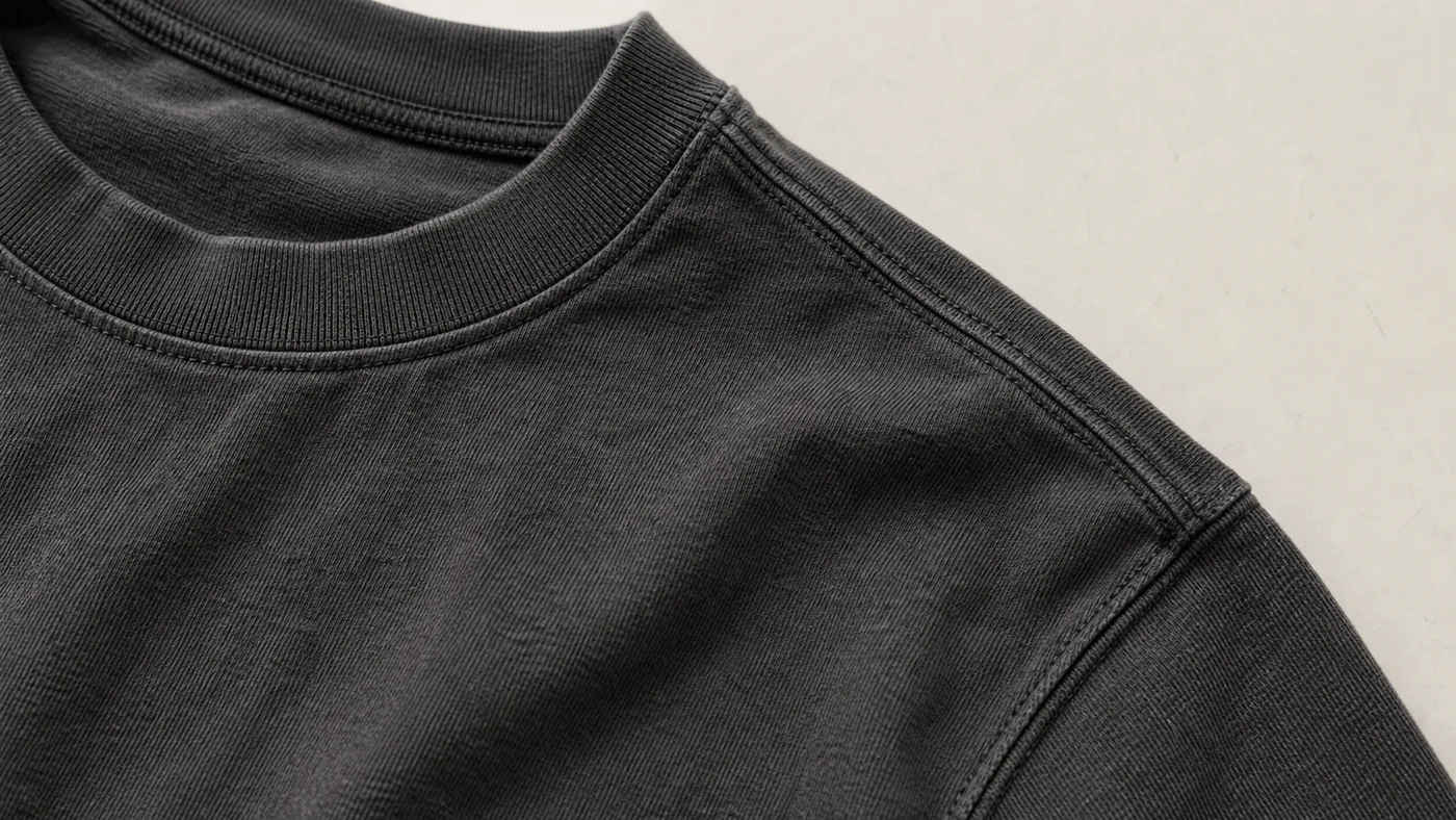 Combed cotton jersey neck rib and shoulder seam close-up for heavyweight T-shirt manufacturing in Bangladesh.