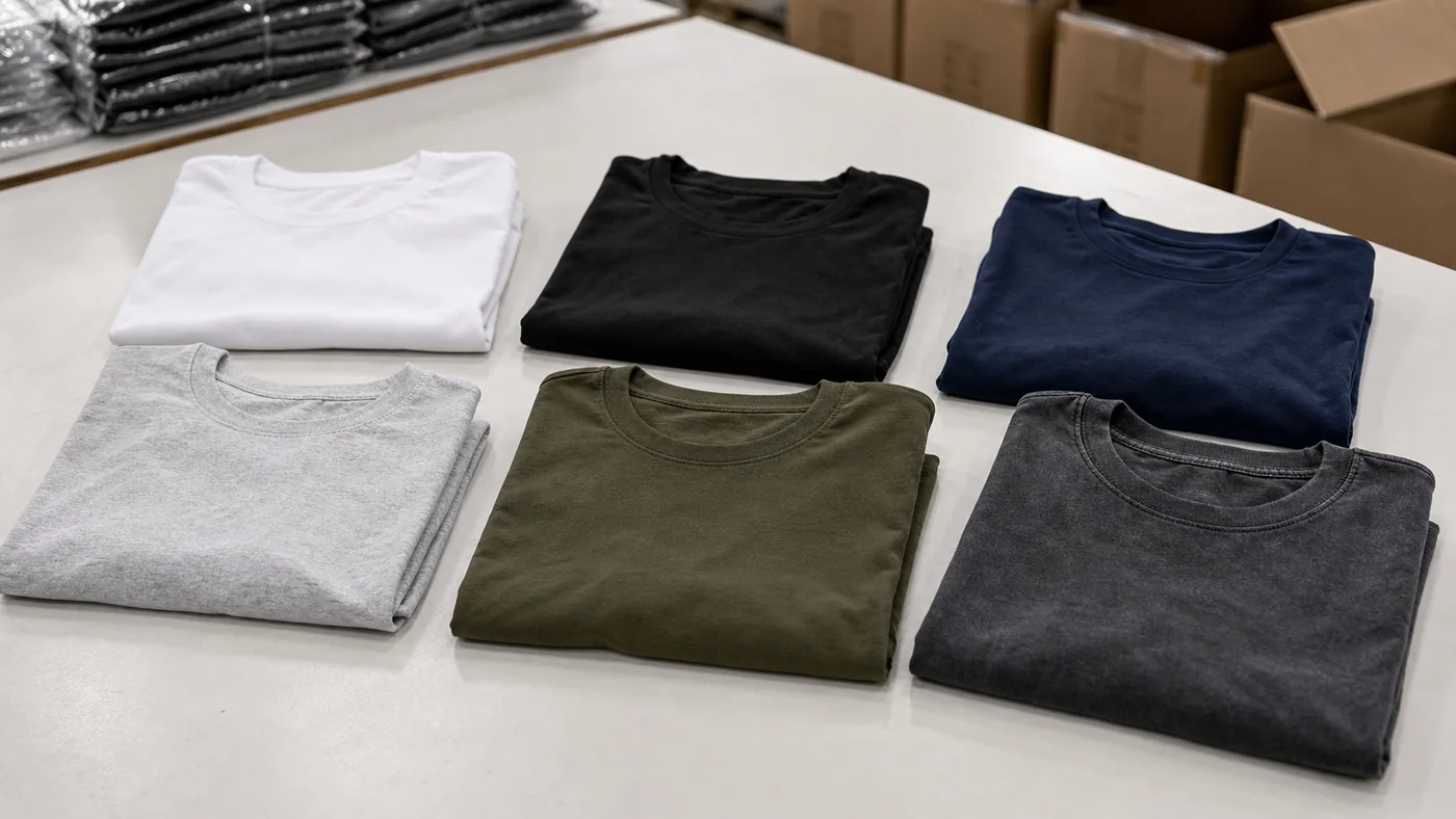 Folded casual combed cotton T-shirts with color options for private-label production in Bangladesh.