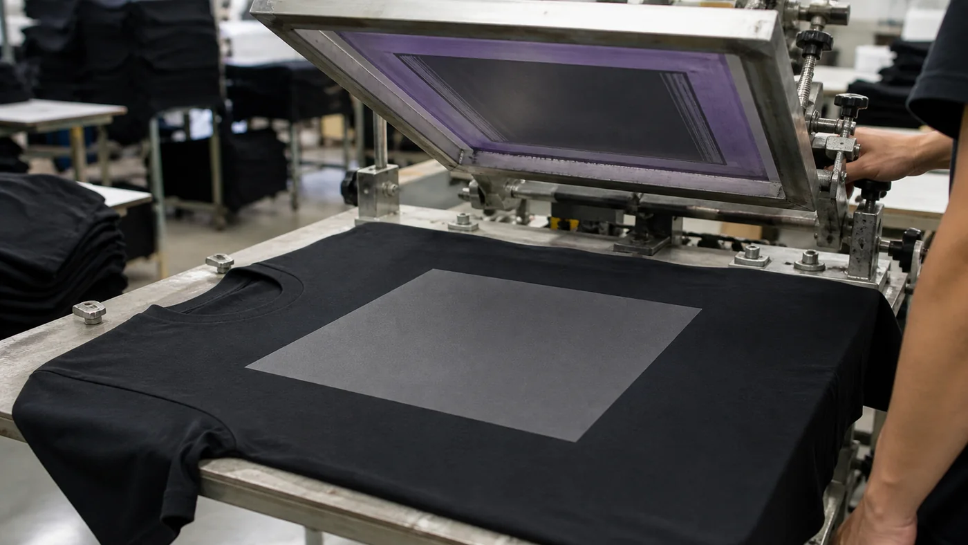 Silk screen printing process for custom heavyweight T-shirts at Brandex Sourcing Bangladesh.