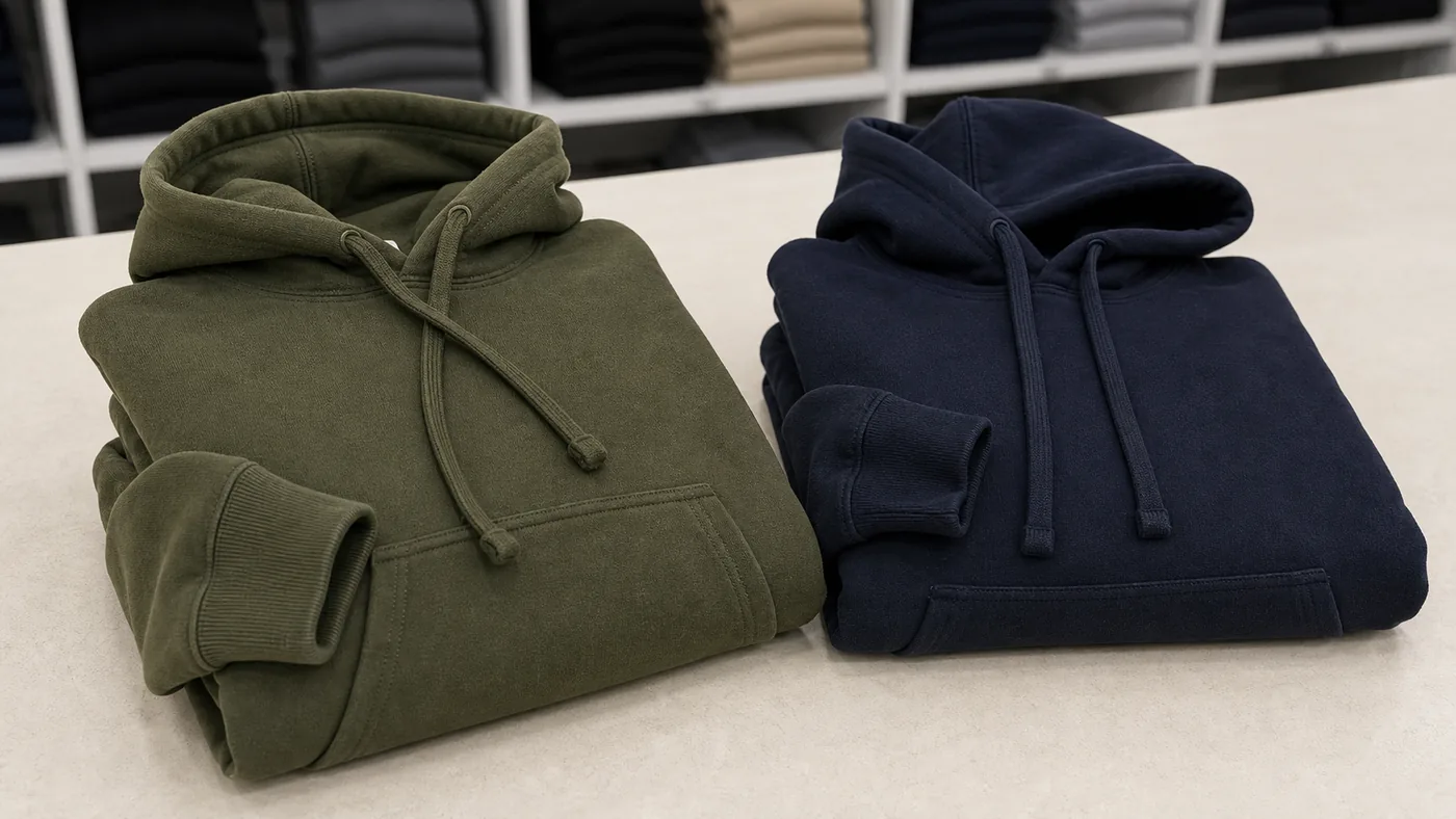 Custom hoodie color options in olive and navy by Brandex Sourcing Bangladesh, private label hoodie supplier.