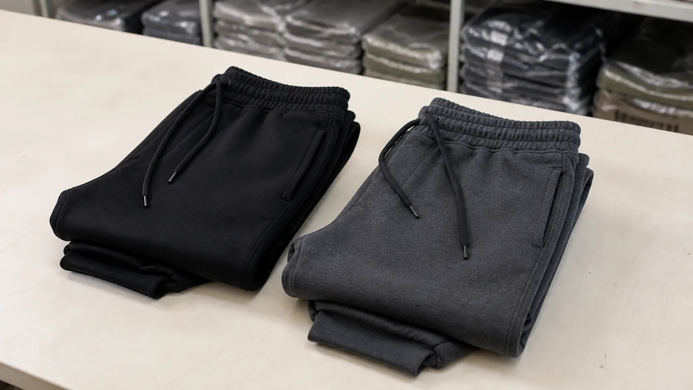 Custom fleece joggers color options black and charcoal by Brandex Sourcing Bangladesh.