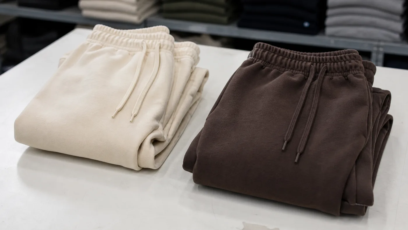Custom fleece joggers color options cream and dark brown by Brandex Sourcing Bangladesh.