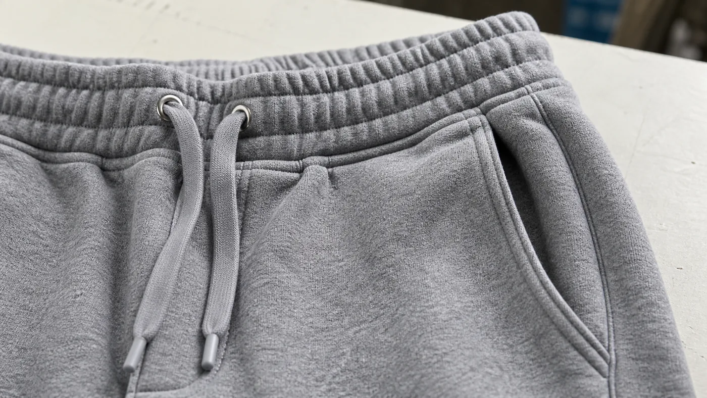 Fleece joggers waistband drawstring and side pocket close-up by Brandex Sourcing Bangladesh.