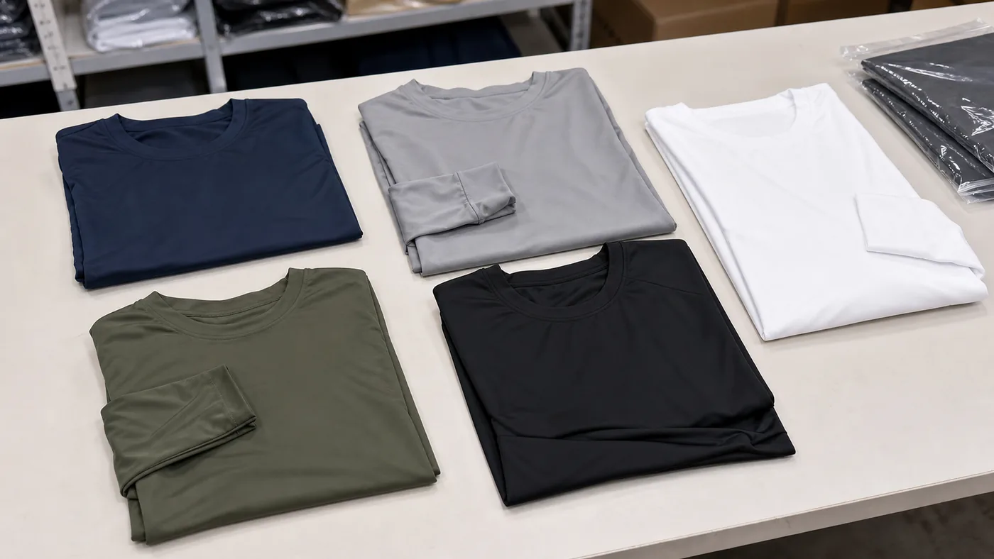 Folded performance polyester shirts packing and color options by Brandex Sourcing Bangladesh.
