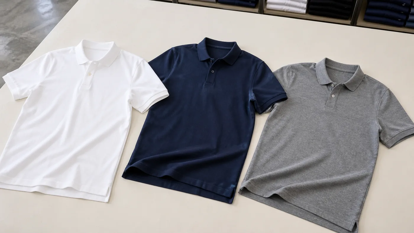 Custom pique polo shirt color options in white navy and grey by Brandex Sourcing Bangladesh.