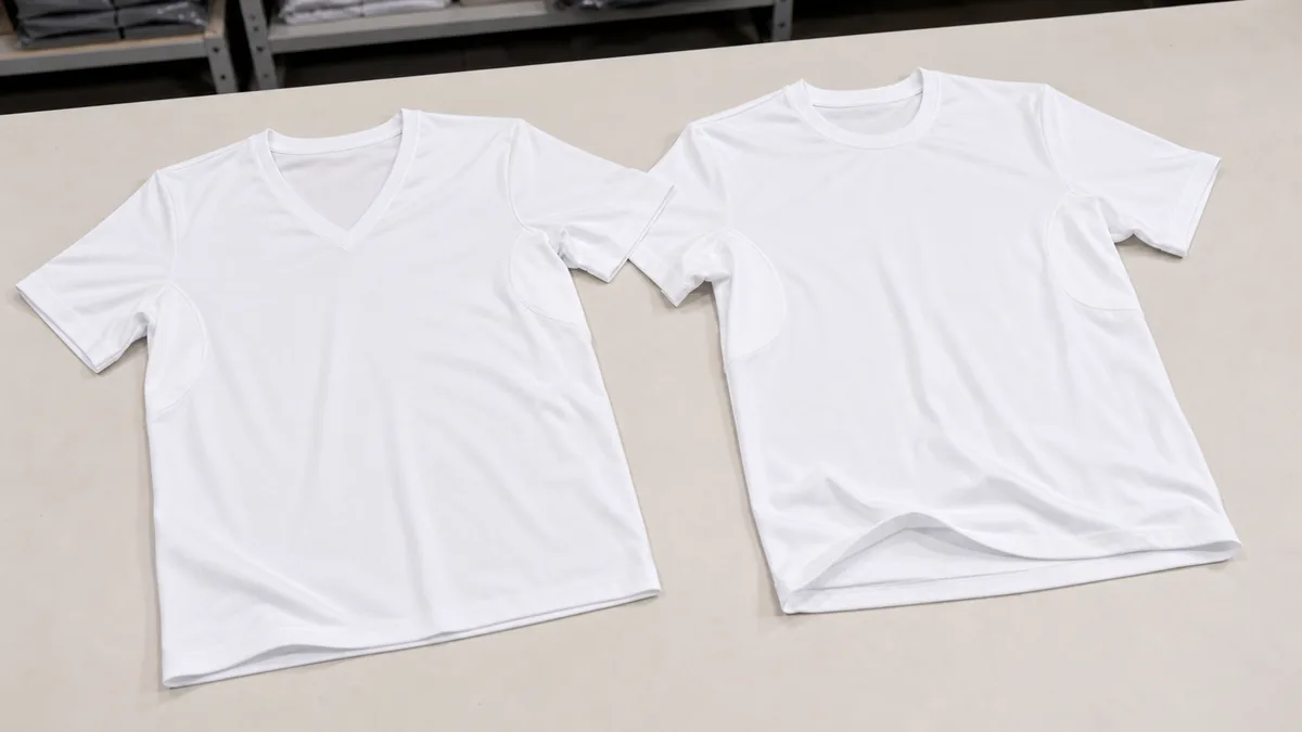 Custom V-neck and round neck underarm protection t-shirt options by Brandex Sourcing Bangladesh for private label anti-sweat undershirts.