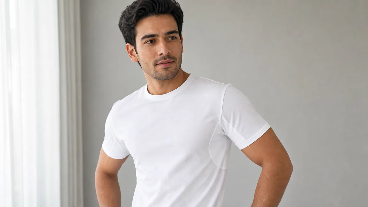 Custom white round neck underarm sweat protection t-shirt by Brandex Sourcing Bangladesh, private label combed cotton anti-sweat undershirt.