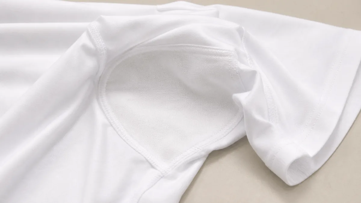 Underarm sweat protection layer construction close-up by Brandex Sourcing Bangladesh, combed cotton anti-sweat t-shirt production detail.