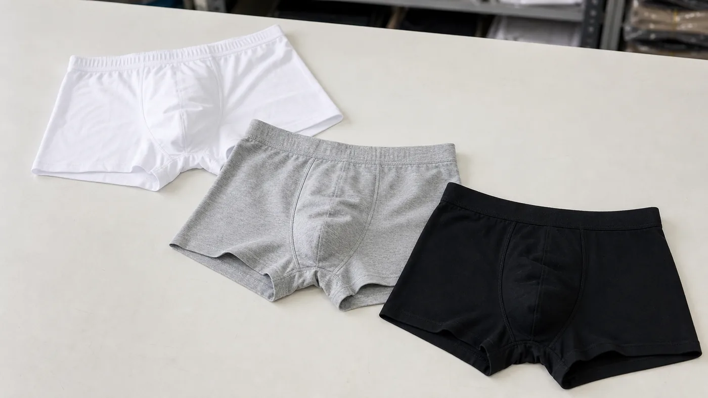 Custom mens combed cotton boxer brief underwear flat lay color options by Brandex Sourcing Bangladesh.