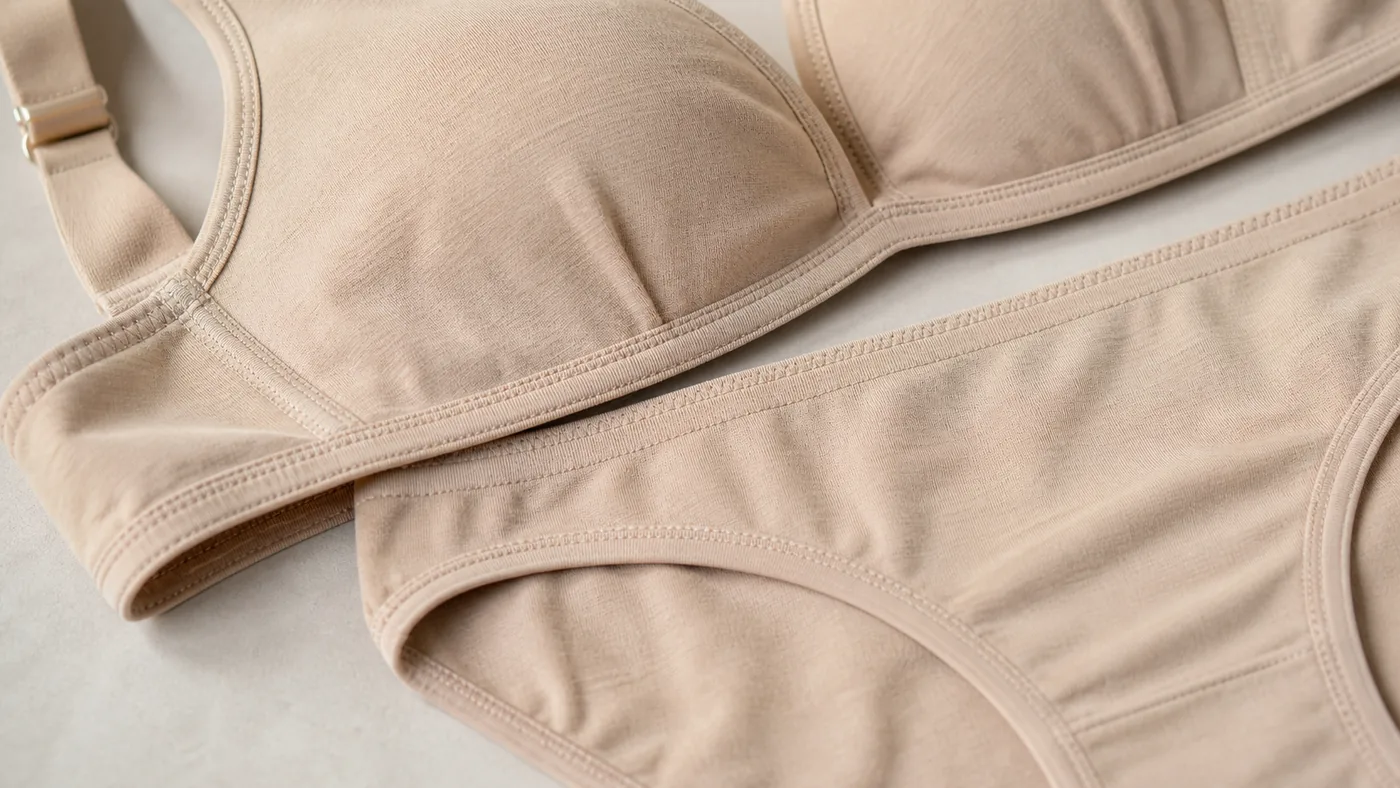 Womens bra panty fabric and seam close-up for underwear manufacturing in Bangladesh.
